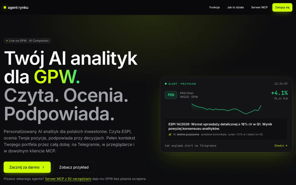 Agent Rynku home page: an AI analyst for the Warsaw Stock Exchange with a sample Telegram alert