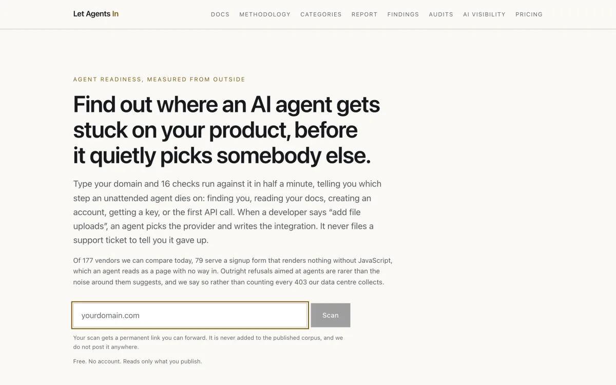 Let Agents In home page: a scanner that measures whether an AI agent can integrate a product