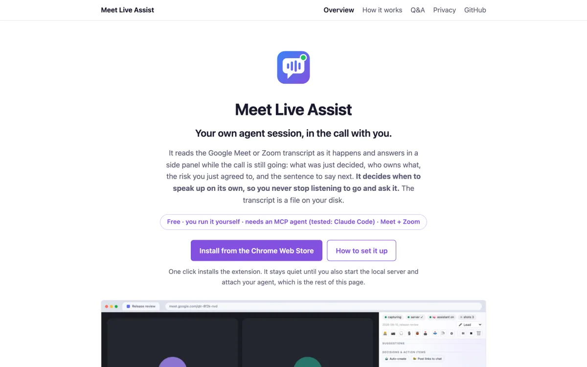 Meet Live Assist home page: a live in-call assistant for Google Meet and Zoom